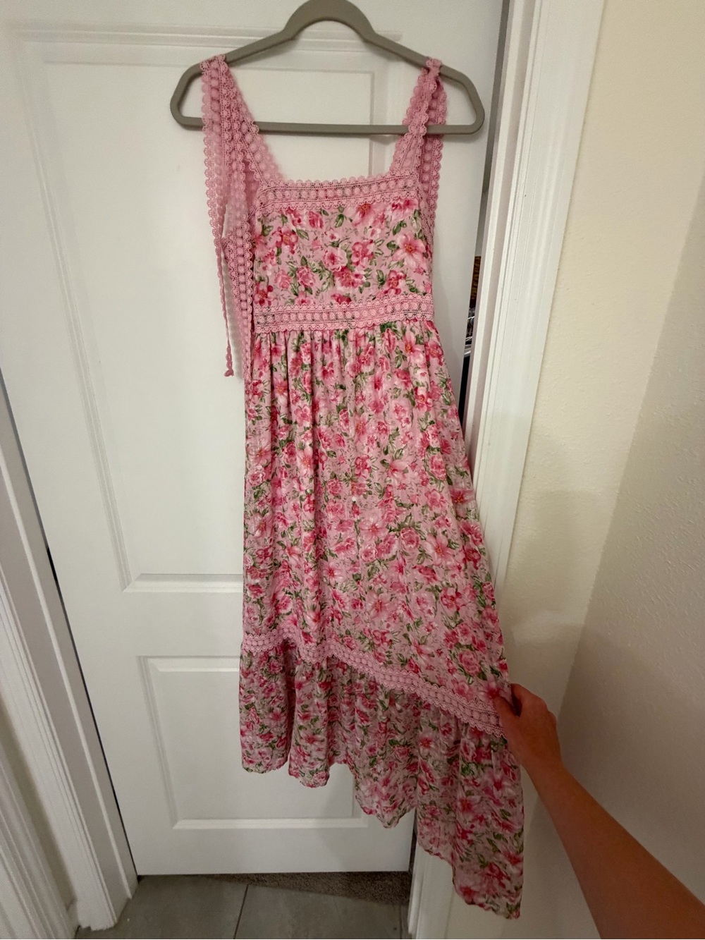Pink Floral Midi Dress with Crochet Trim